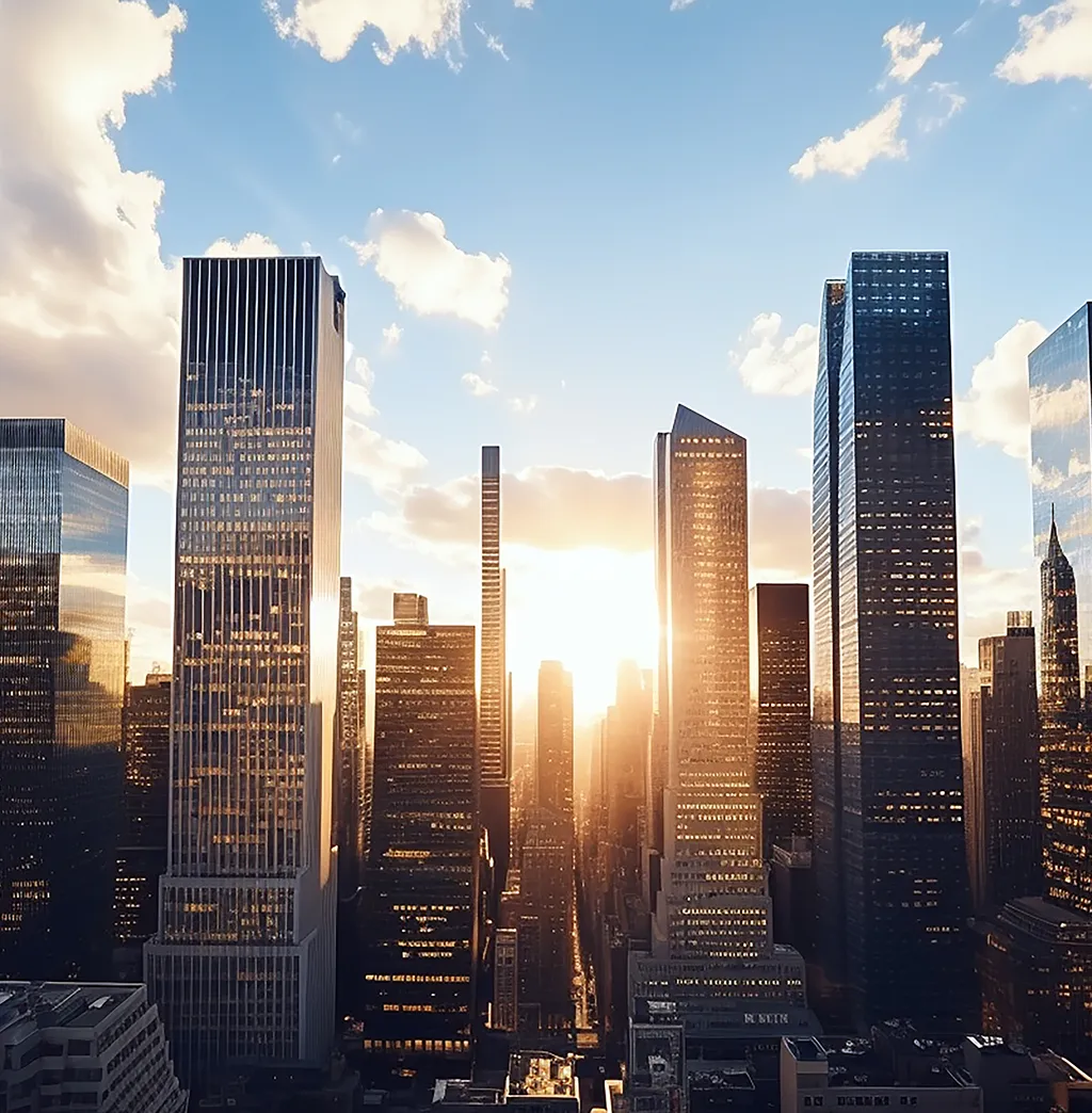 Upward view of modern glass office towers reflecting warm sunlight against a blue sky with light clouds.