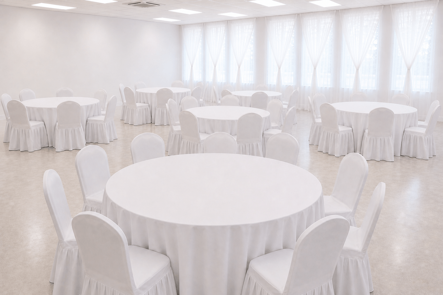 A brightly lit, empty ballroom with numerous round tables set for an event. The tables are draped in white tablecloths and surrounded by white-covered chairs, creating a pristine and formal atmosphere. Sheer white curtains adorn the large windows along the back wall, allowing diffused natural light to enter the space.