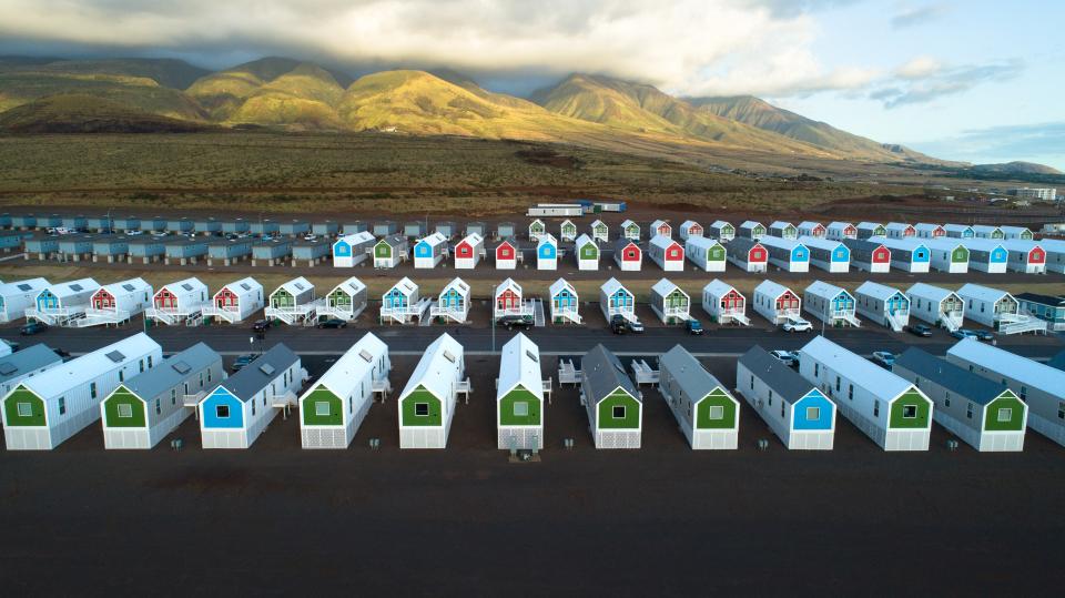 Completed workforce housing community in Lahaina, Hawaiʻi, showcasing 82 finished homes delivered by Fading West as part of a disaster recovery effort in partnership with FEMA and the Department of Hawaiian Home Lands (DHHL)