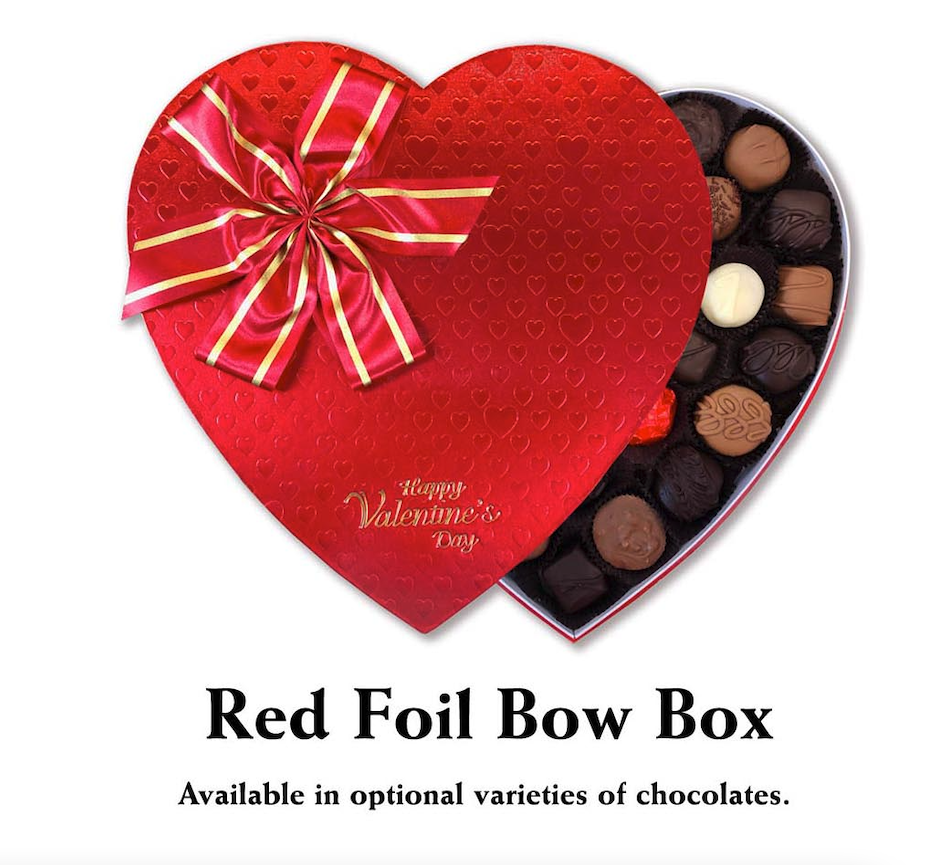 Florence’s Exquisite Chocolates in Rexburg, ID, presents a premium red foil bow heart-shaped box filled with 36 handcrafted chocolates. This stunning gift box, embossed with heart patterns and finished with a red and gold bow, is the perfect way to celebrate Valentine’s Day. Inside, you'll find an assortment of 36 milk, dark, and white chocolates, each with unique designs and delicious fillings, offering a decadent treat for any chocolate lover.