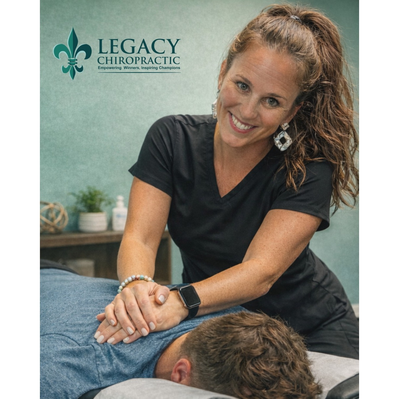 A chiropractor at Legacy Chiropractic performing a spinal adjustment on a patient in Metairie, Louisiana. The clinic specializes in chiropractic care, back pain treatment, posture correction, and spinal alignment to help patients improve mobility and overall wellness in the Metairie and New Orleans area.