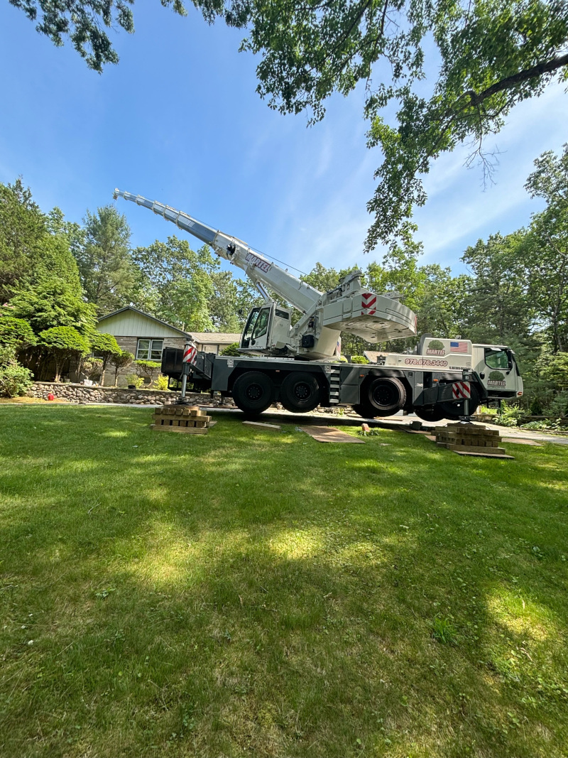 Martel Crane Service & Tree Removal setup the crane in the front of this residence in Lincoln, MA, to remove several trees from around the property.Call Martel Crane Service & Tree Removal for tree removal service whether you are enhancing your property or have damage from wind and seasonal storms. We utilize our own cranes, bucket trucks and chippers to handle any job.