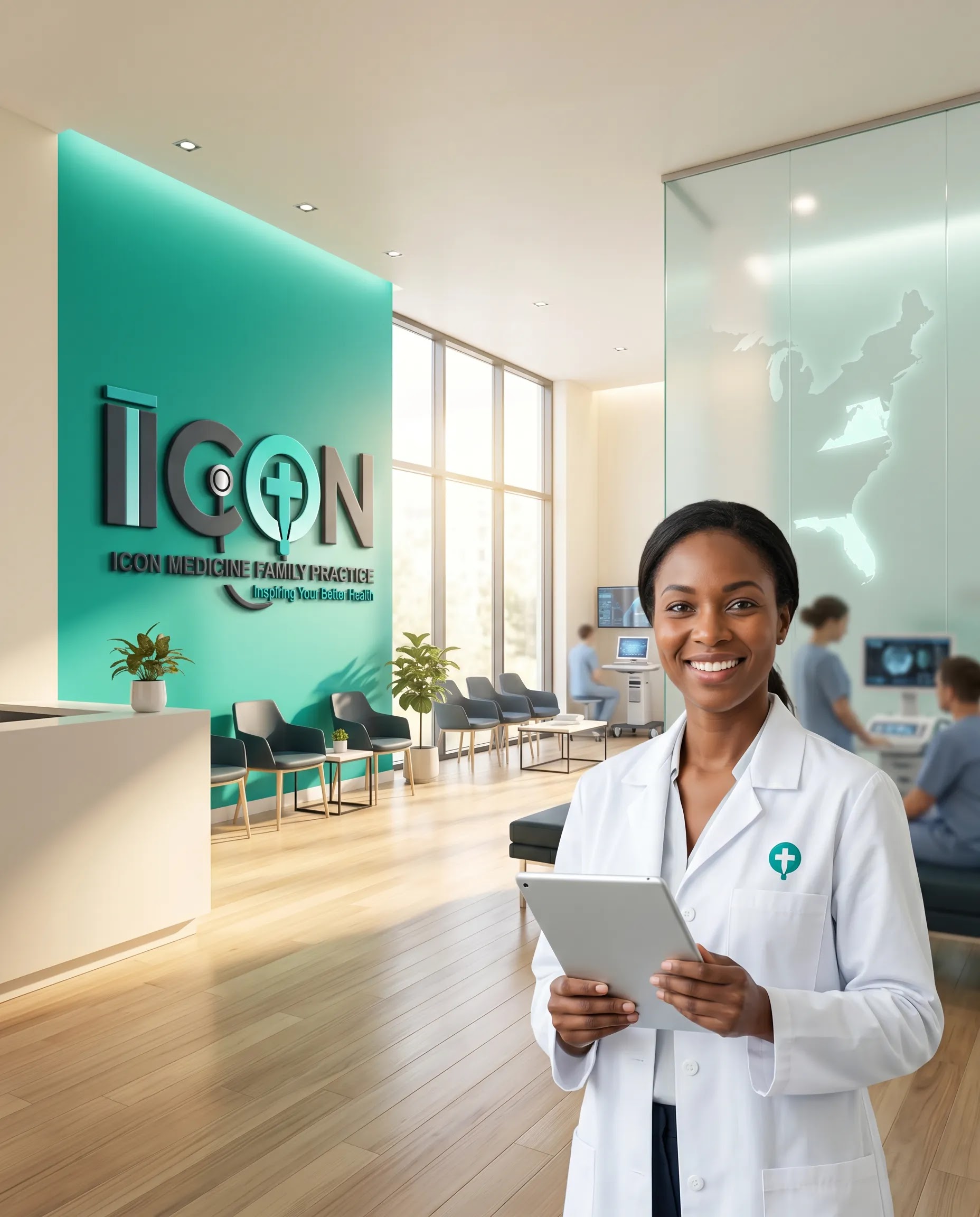 A smiling Black woman in a white lab coat holds a tablet in a modern medical clinic. The clinic's waiting area features a teal accent wall with the "ICON MEDICINE FAMILY PRACTICE" logo, sleek chairs, and large windows. In the background, other medical professionals are visible working with medical equipment.