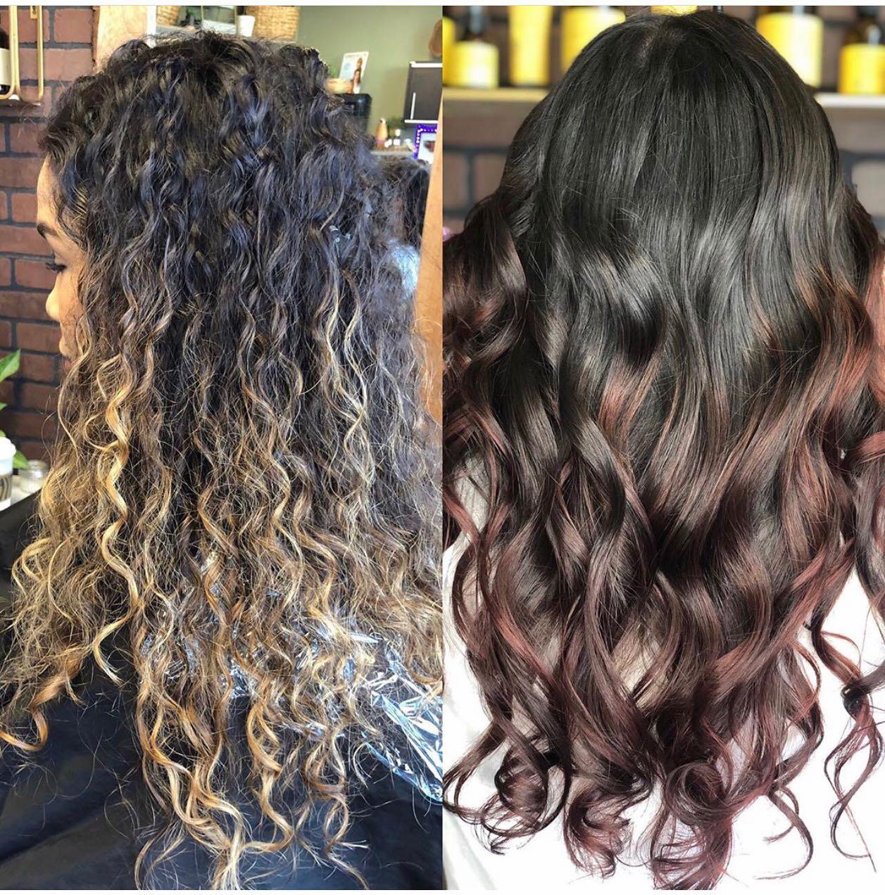Hair styling and coloring before and after.
