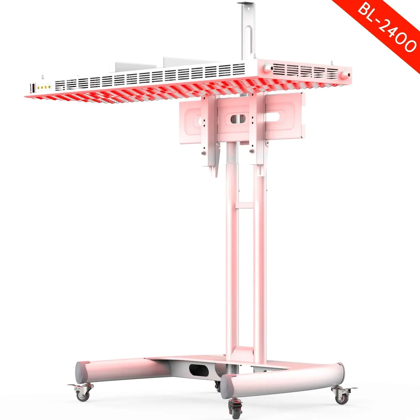 A white and pink portable red light therapy device with a stand and wheels is shown against a white background. The device has a large rectangular panel with numerous red LED lights, and it is mounted on a vertical stand with a wheeled base. A red diagonal banner in the upper right corner reads "BL-2400."