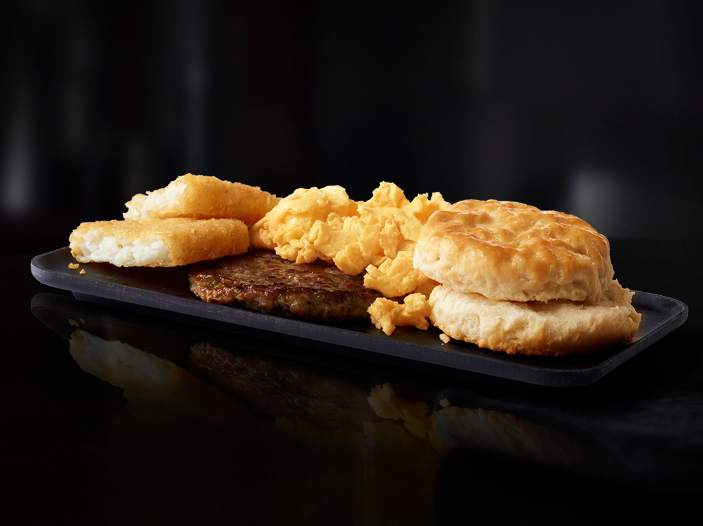 McDonald's Big Breakfast: biscuit, scrambled eggs, hot sausage, and hash browns.