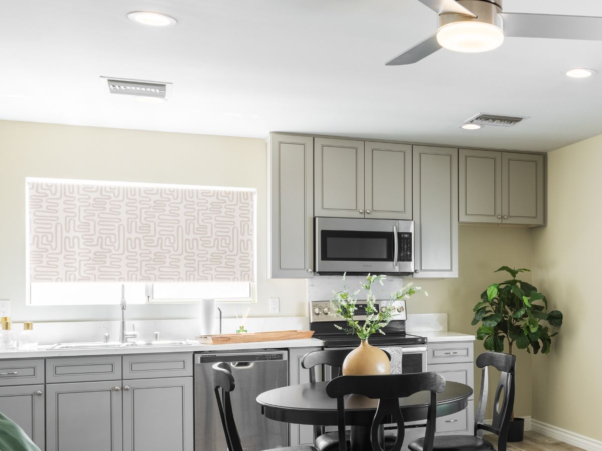 Envision Roller Shades in a guest house kitchen, featuring a modern  pattern for a stylish touch.