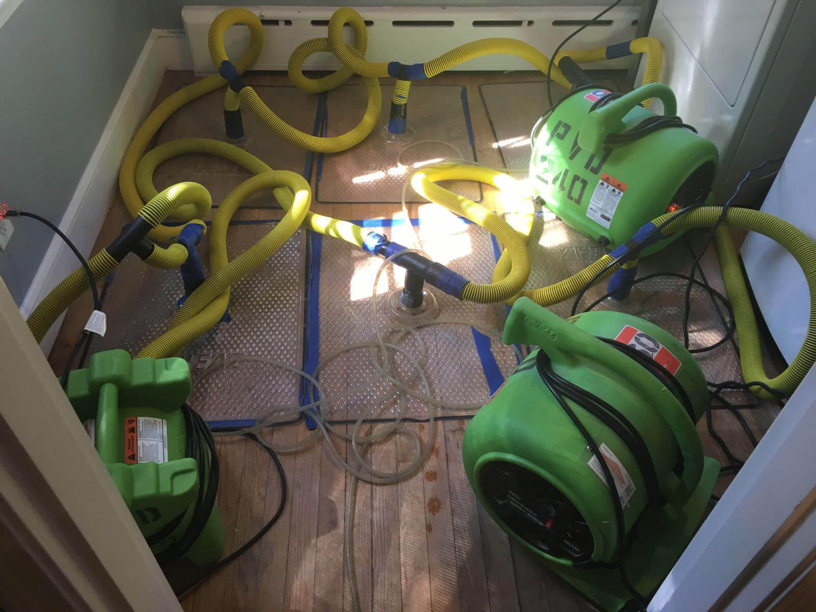 Green Drying Equipment and Injectidry System extracting water from hardwood floors.