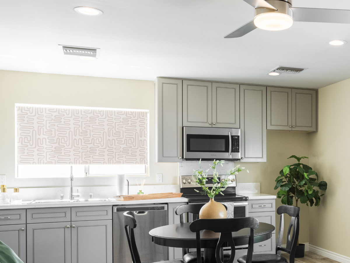 Envision Roller Shades in a guest house kitchen, featuring a modern pattern for a stylish touch.