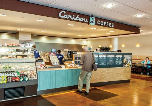 Storefront of the Caribou Coffee at 7150 Humphrey Drive in Minneapolis