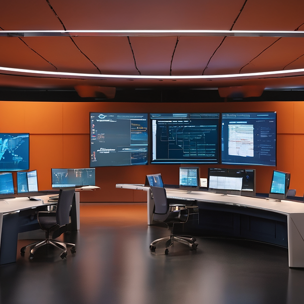 A modern control room with multiple computer monitors displaying complex data, arranged around a curved desk. Two office chairs are positioned at the desk, suggesting a professional or operational environment. The room is illuminated by overhead lighting and the glow from the screens, with orange accent walls contributing to a high-tech aesthetic.