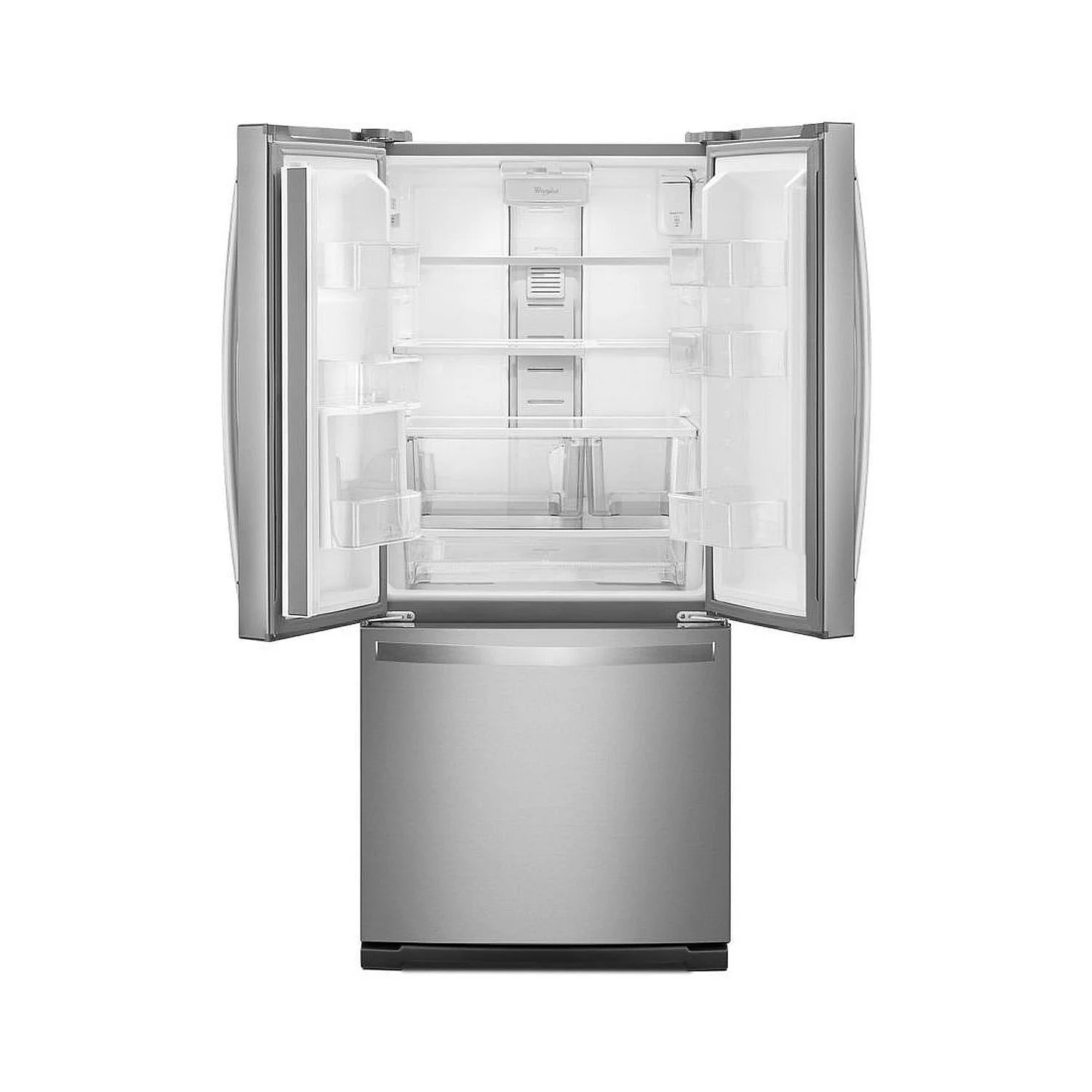 Open stainless steel French door refrigerator displaying interior shelves, storage compartments, door bins, and freezer drawer, showcasing organized food storage capacity and practical kitchen appliance functionality.