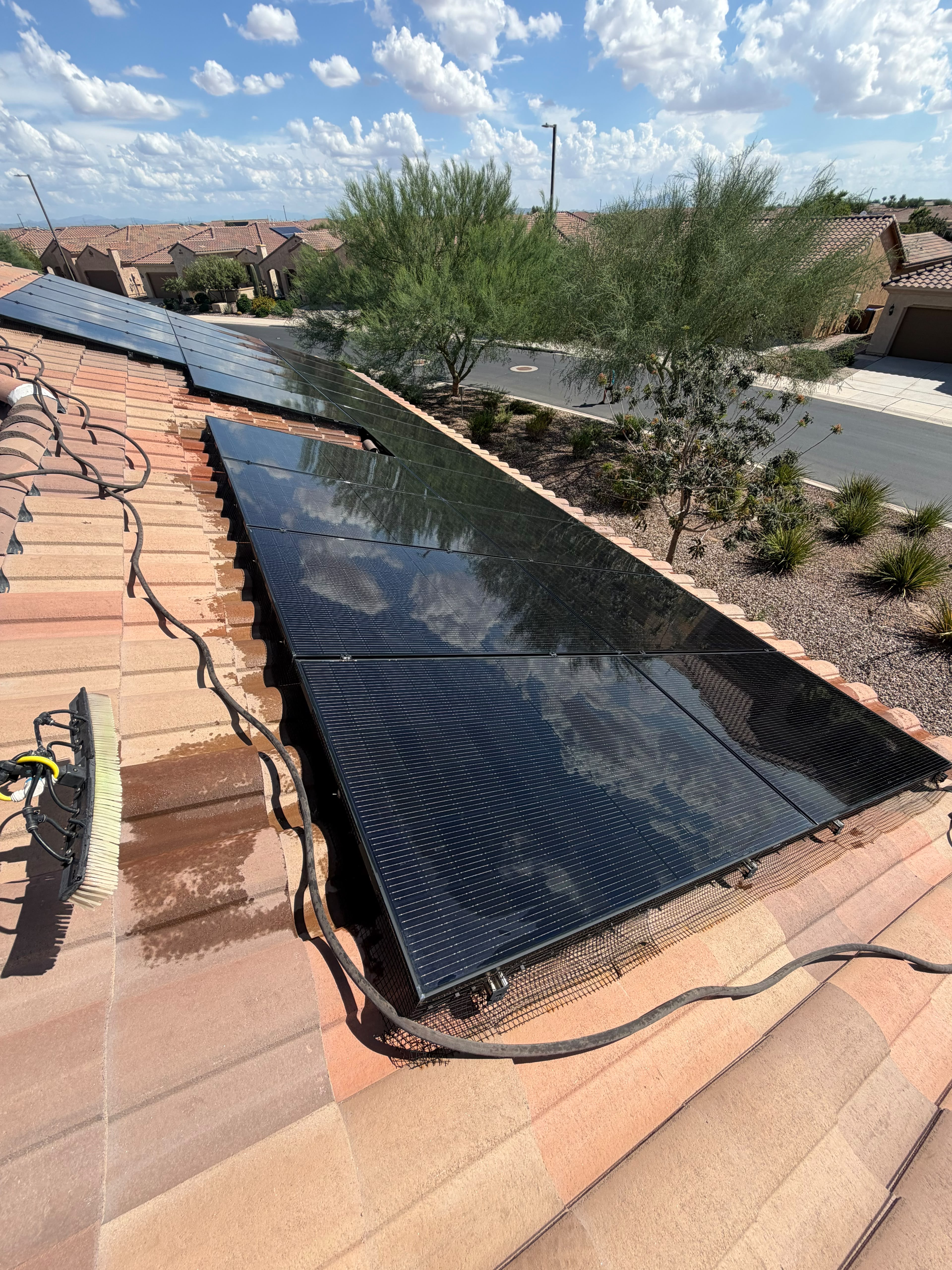 Clean residential solar panels after professional service by SunWorx Solar Services in the Anthem at Merrill Ranch community of Florence, Arizona.