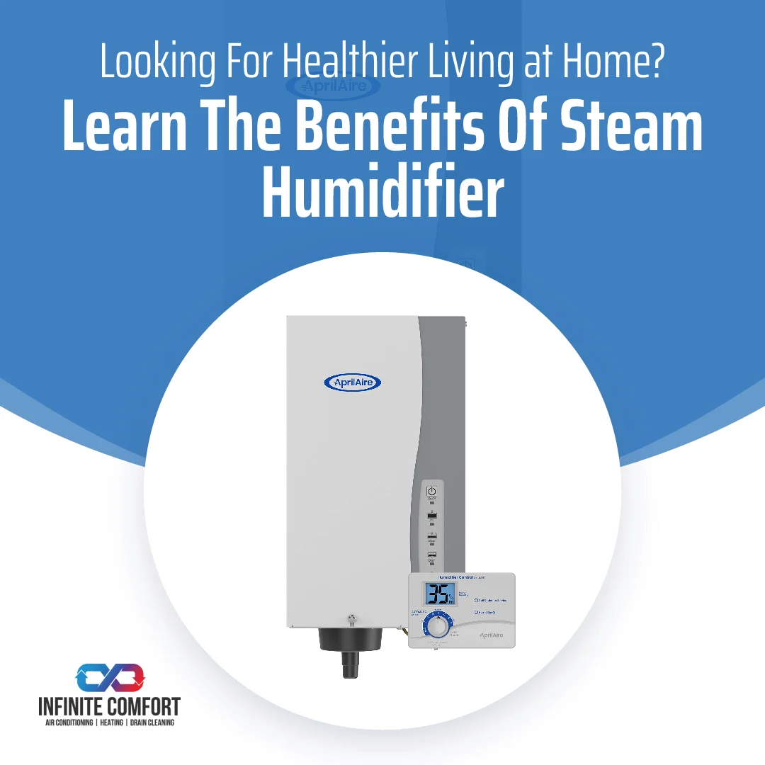 A white and gray AprilAire steam humidifier is shown in the center of the image, displayed within a large white circle. A separate control panel with a digital display showing '35%' is attached to the humidifier. The background is a gradient of blue, with text at the top reading "Looking For Healthier Living at Home? Learn The Benefits Of Steam Humidifier." In the bottom left corner is a logo for "INFINITE COMFORT AIR CONDITIONING | HEATING | DRAIN CLEANING."