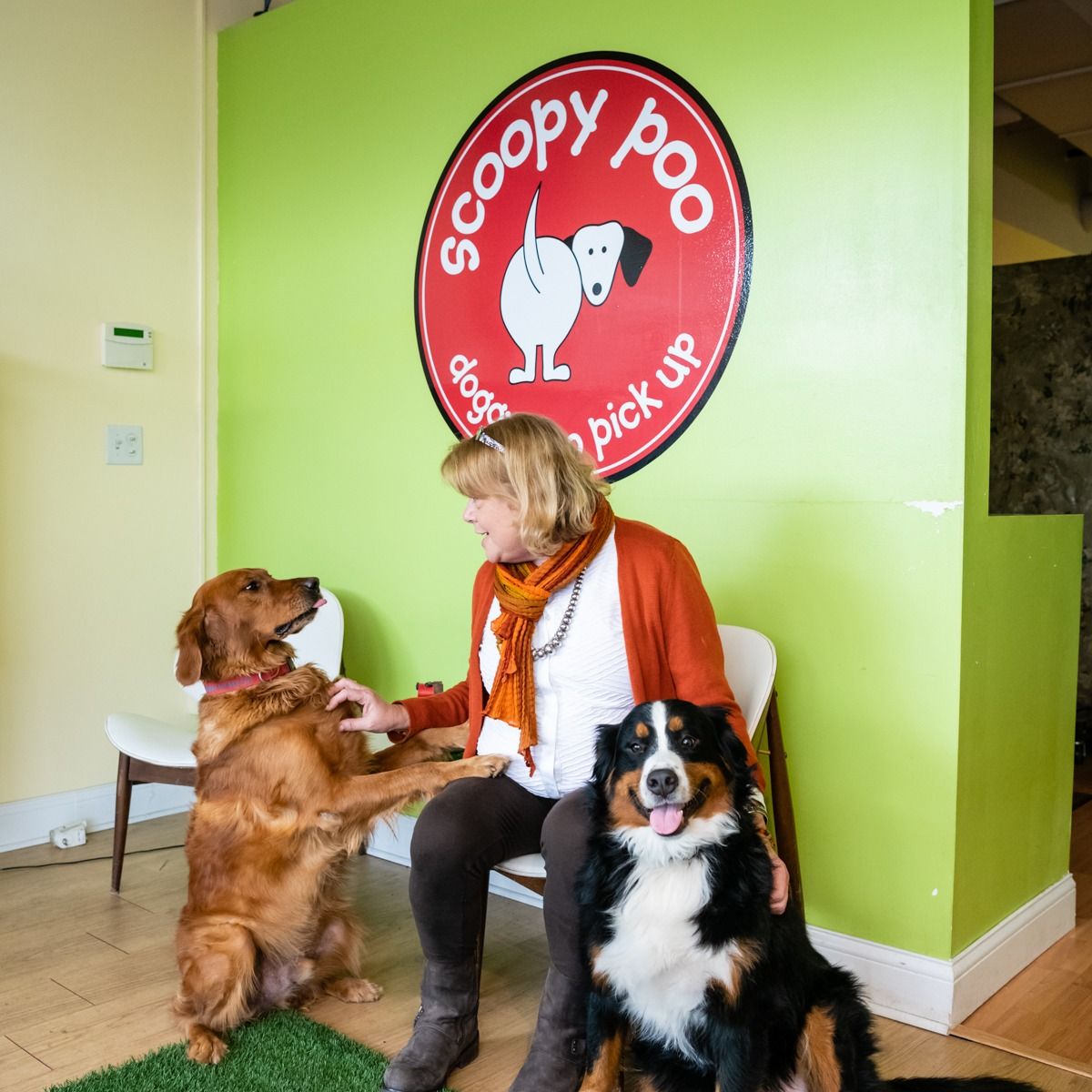 ScoopyPoo owner sits indoors with two friendly dogs beneath a large company logo, showcasing a welcoming pet focused atmosphere and customer friendly brand identity for professional waste removal services.