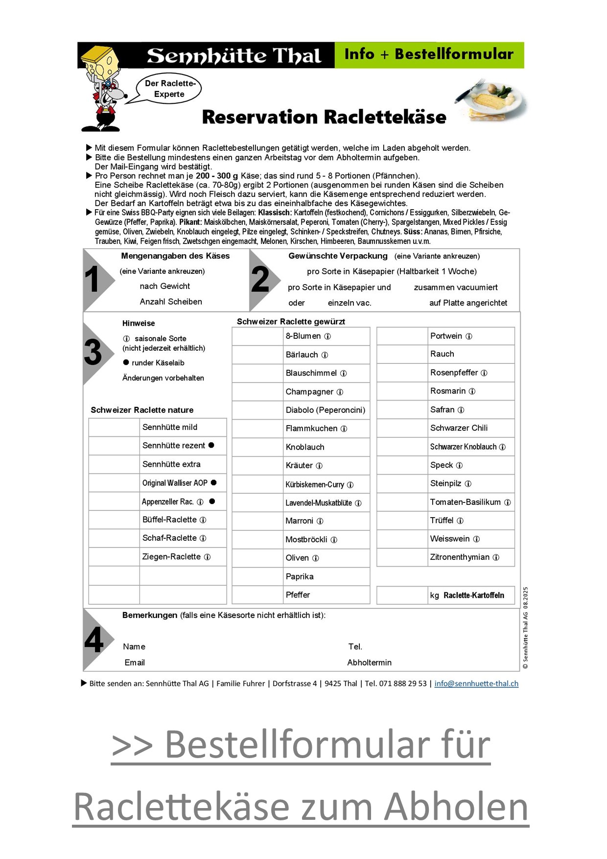 Raclettbestellblatt zum abholen