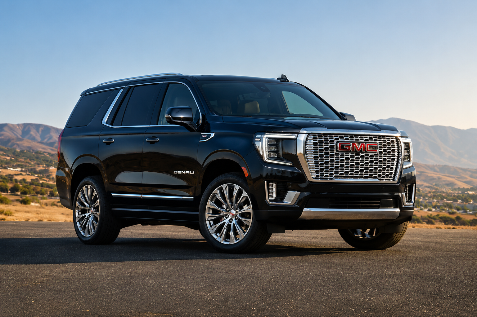 Black GMC Yukon Denali luxury SUV parked outdoors, representing MP Limousine's executive chauffeur and airport transportation service in Dallas.