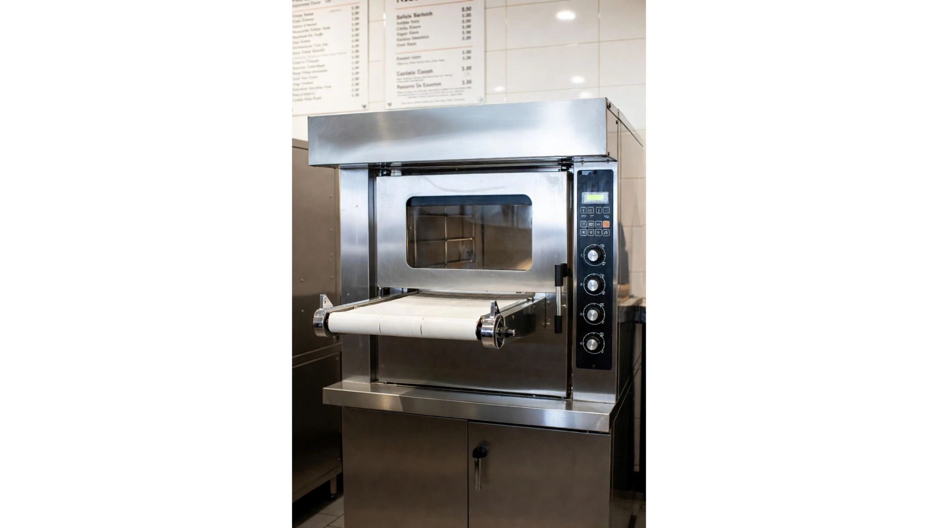 Refurbished industrial stone-deck pizza oven with conveyor belt, part of the specialized inventory at Alex's Restaurant Equipment.