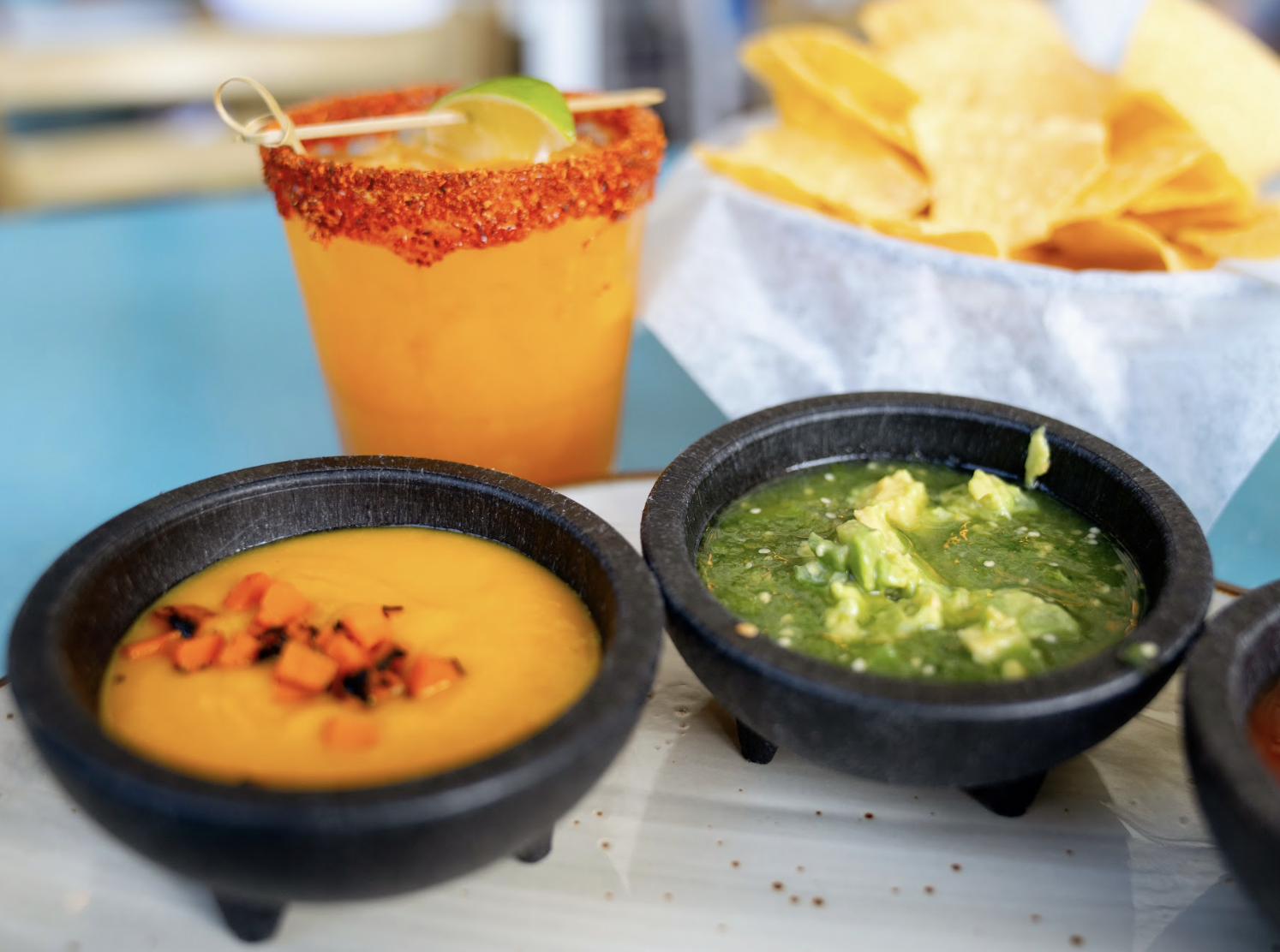 Fresh salsas paired with cold margs!