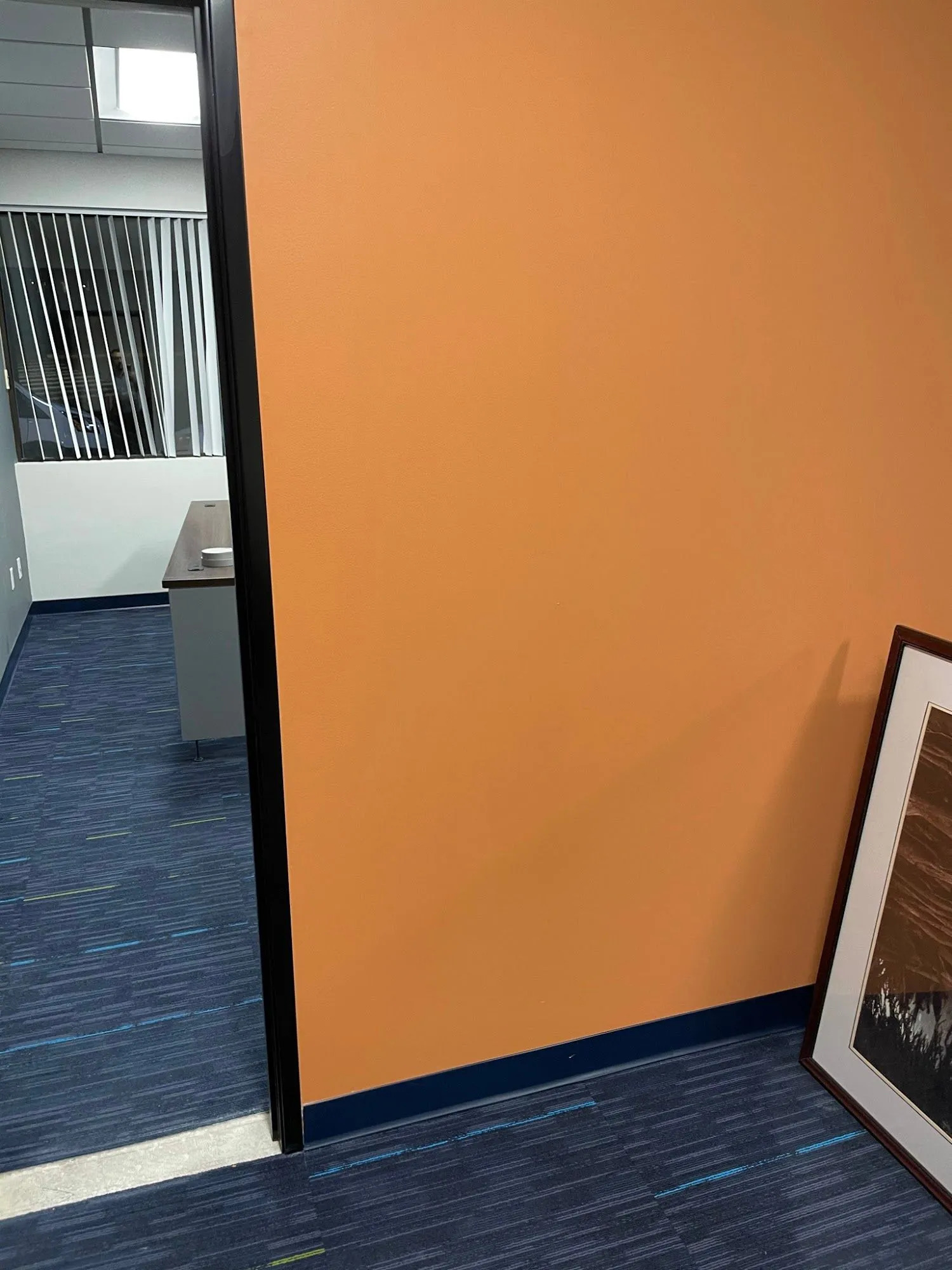 Freshly painted commercial office wall in vibrant orange creates a modern workspace, complemented by 