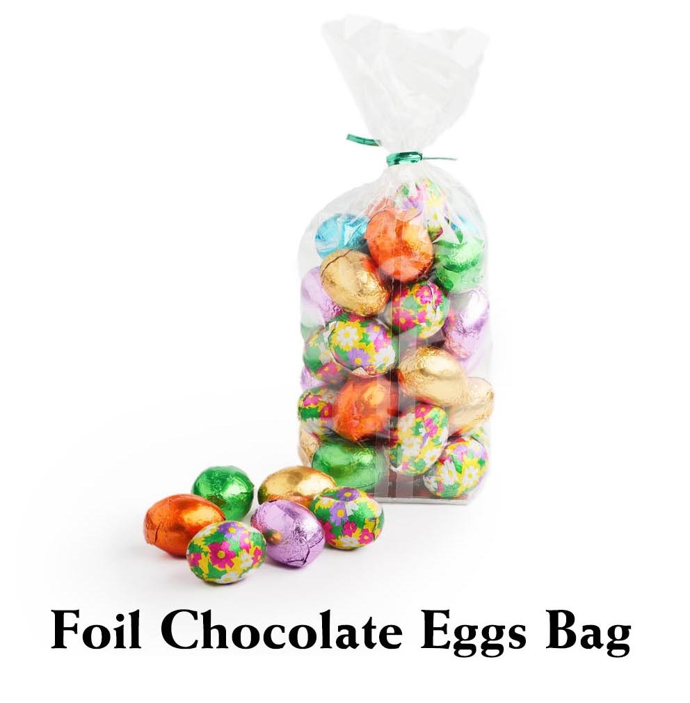 Brighten any Easter basket with Florence's Exquisite Chocolates' Foil Chocolate Eggs Bag from Rexburg, ID! This festive cello bag is filled with bite-sized solid milk chocolate eggs (assumed), each individually wrapped in colorful, patterned foils. A classic treat perfect for Easter egg hunts and sharing joy.