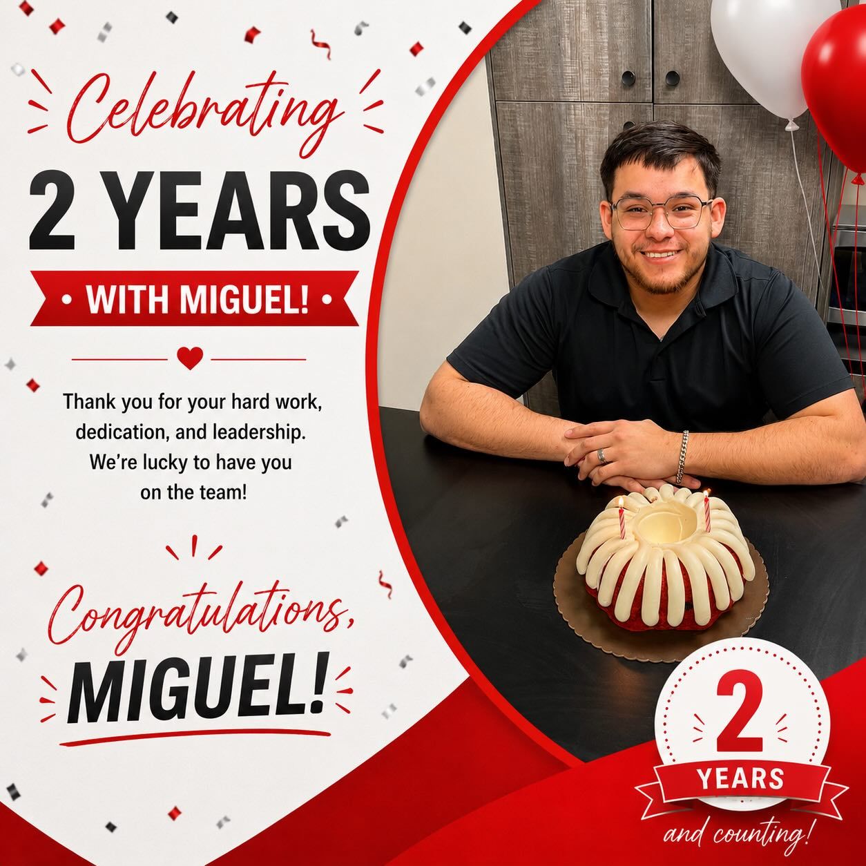 Today marks Miguel’s 2-year anniversary with our team. As Office Manager, he has helped support our team and create a positive experience in our office. We appreciate his dedication, reliability, and contributions over the past two years!