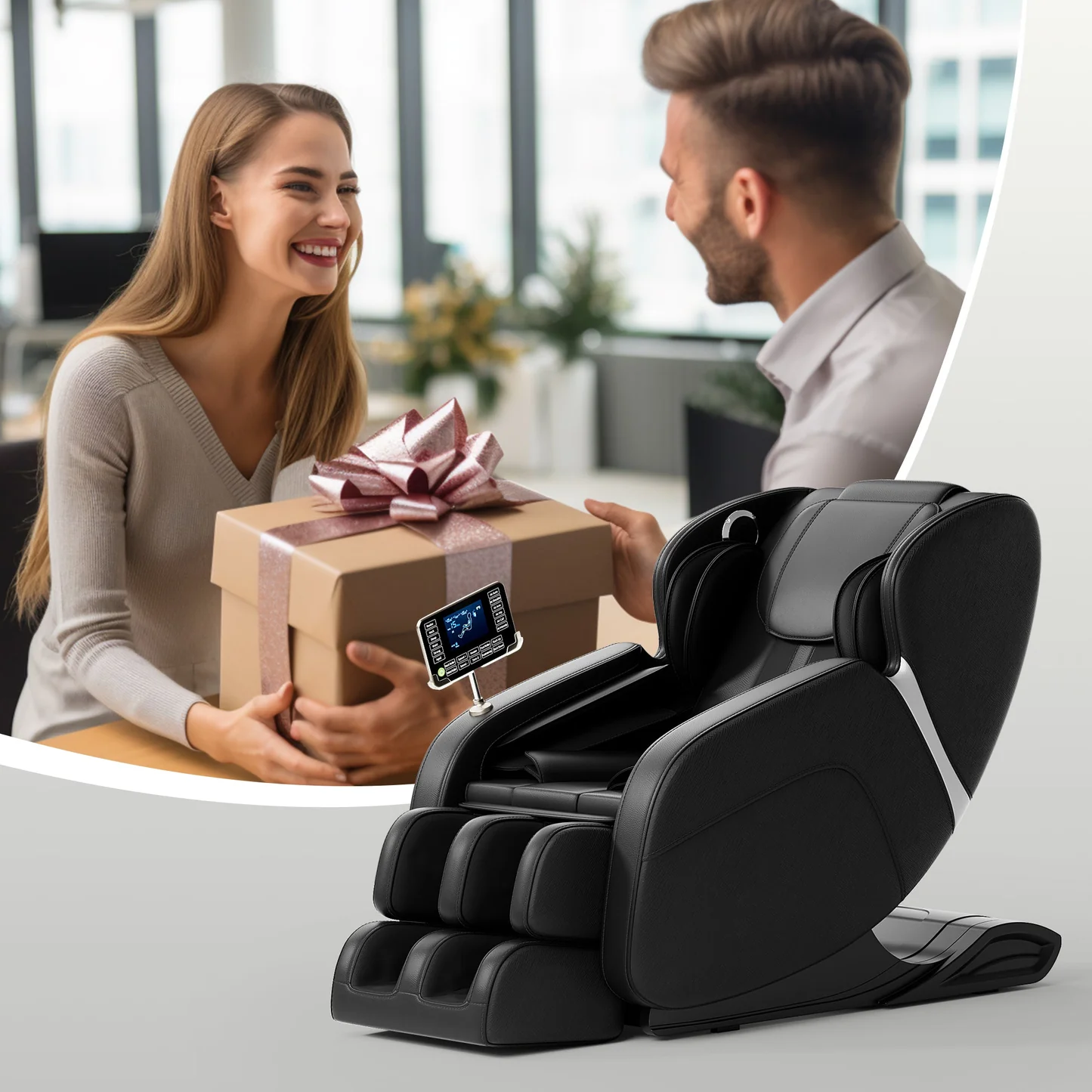 A man gives a gift-wrapped box to a woman in an office setting. In the foreground, a black massage chair with a control panel is displayed.