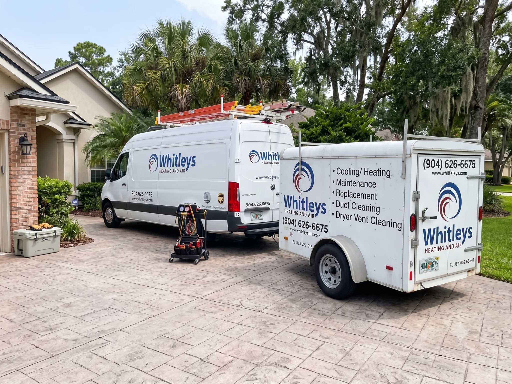 A white cargo van and a matching white trailer are parked on a stamped concrete driveway in front of 
