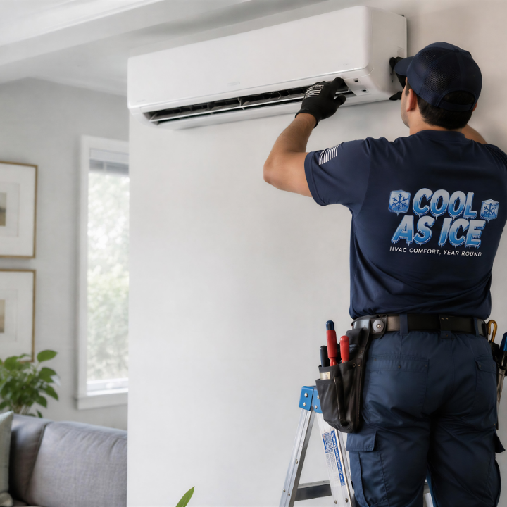 Cool As Ice technician installing and servicing a ductless mini-split air conditioner in a Fairfield 