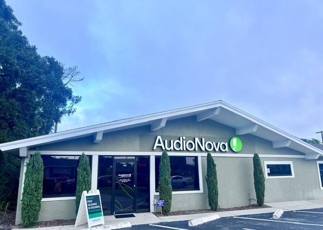 exterior photo of the entryway for AudioNova hearing clinic in Tavares, FL