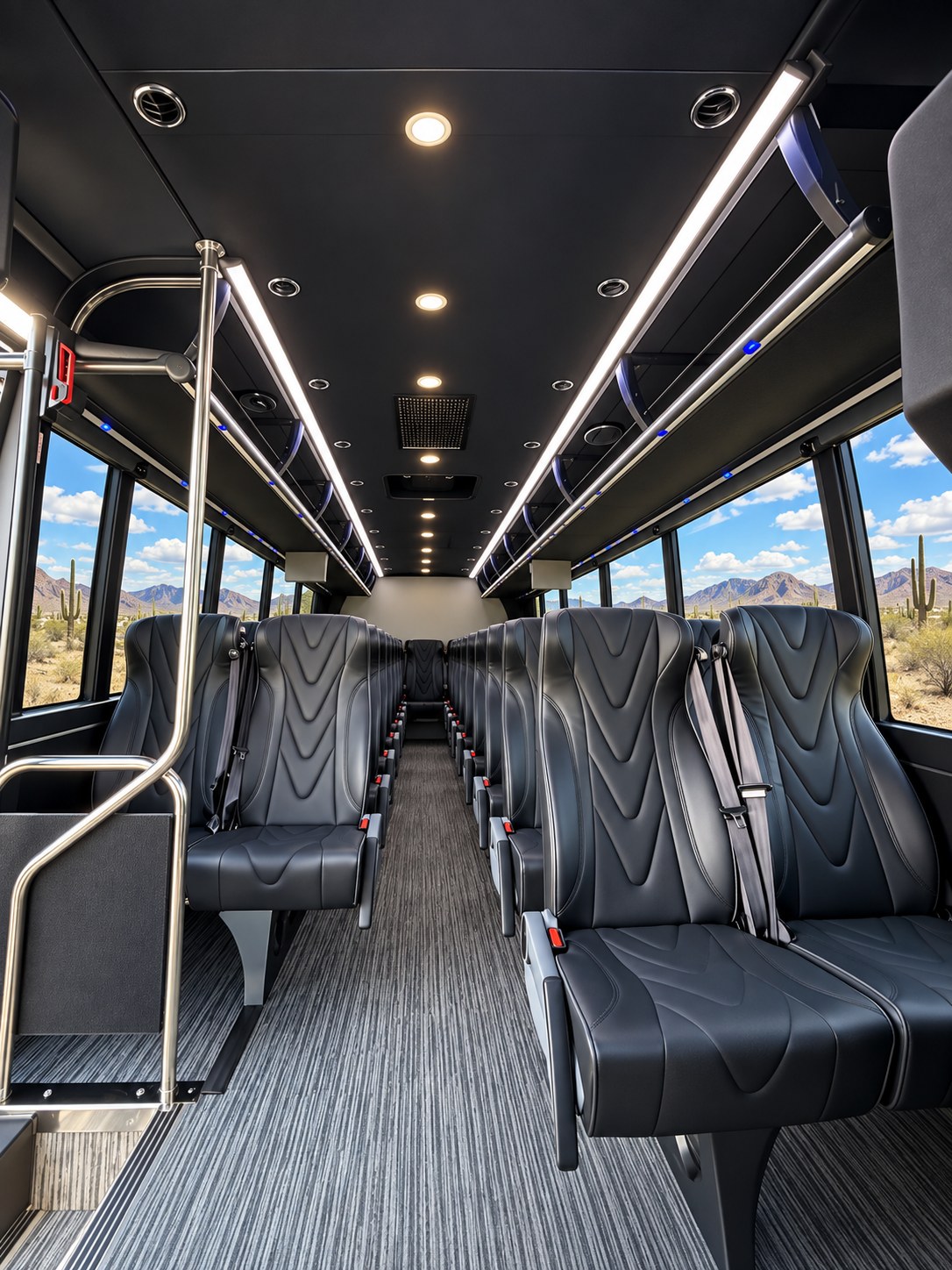 Passenger shuttle interior with black seating and overhead lighting.