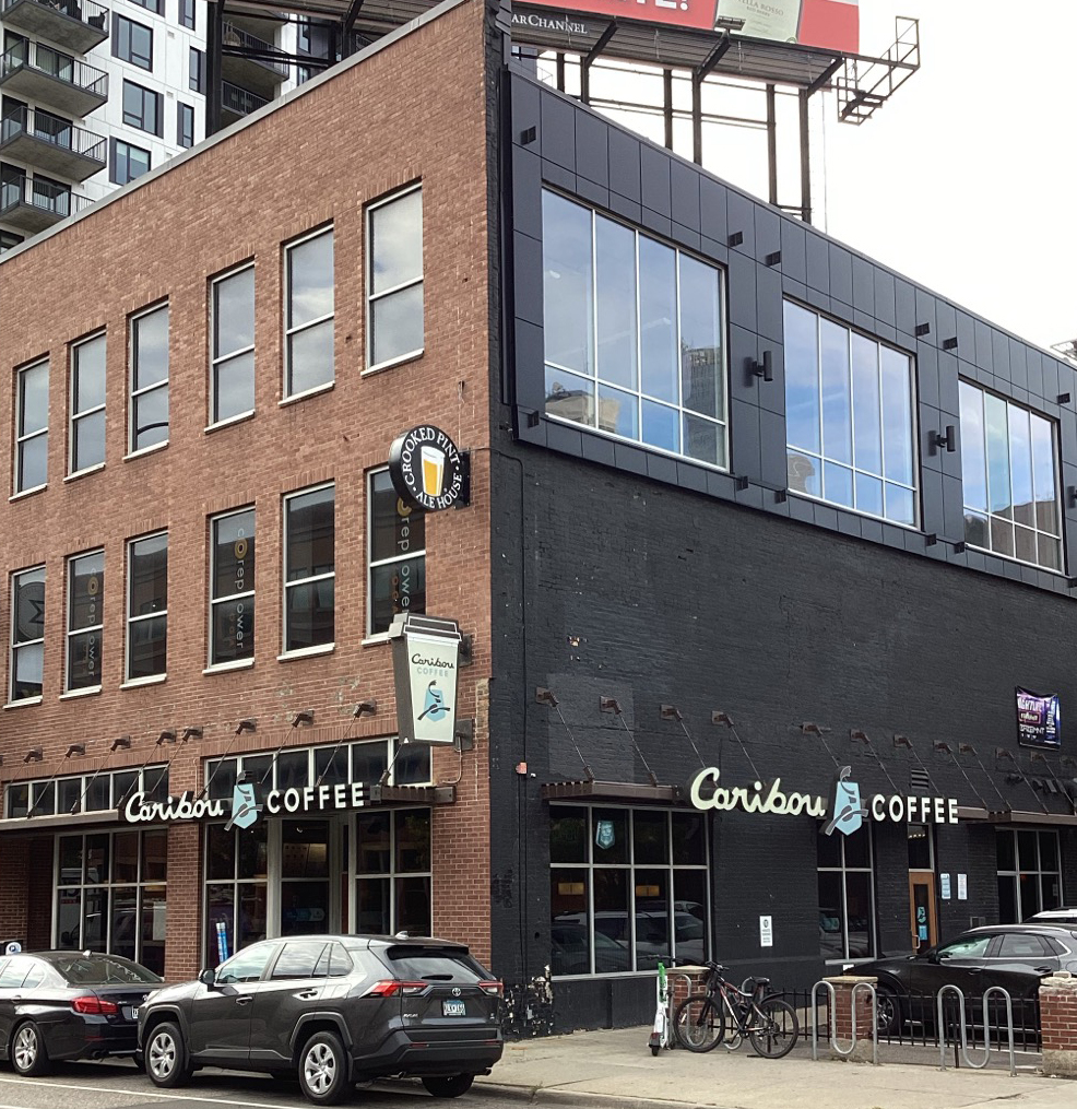 Storefront of the Caribou Coffee at 509 Washington Avenue S in Minneapolis