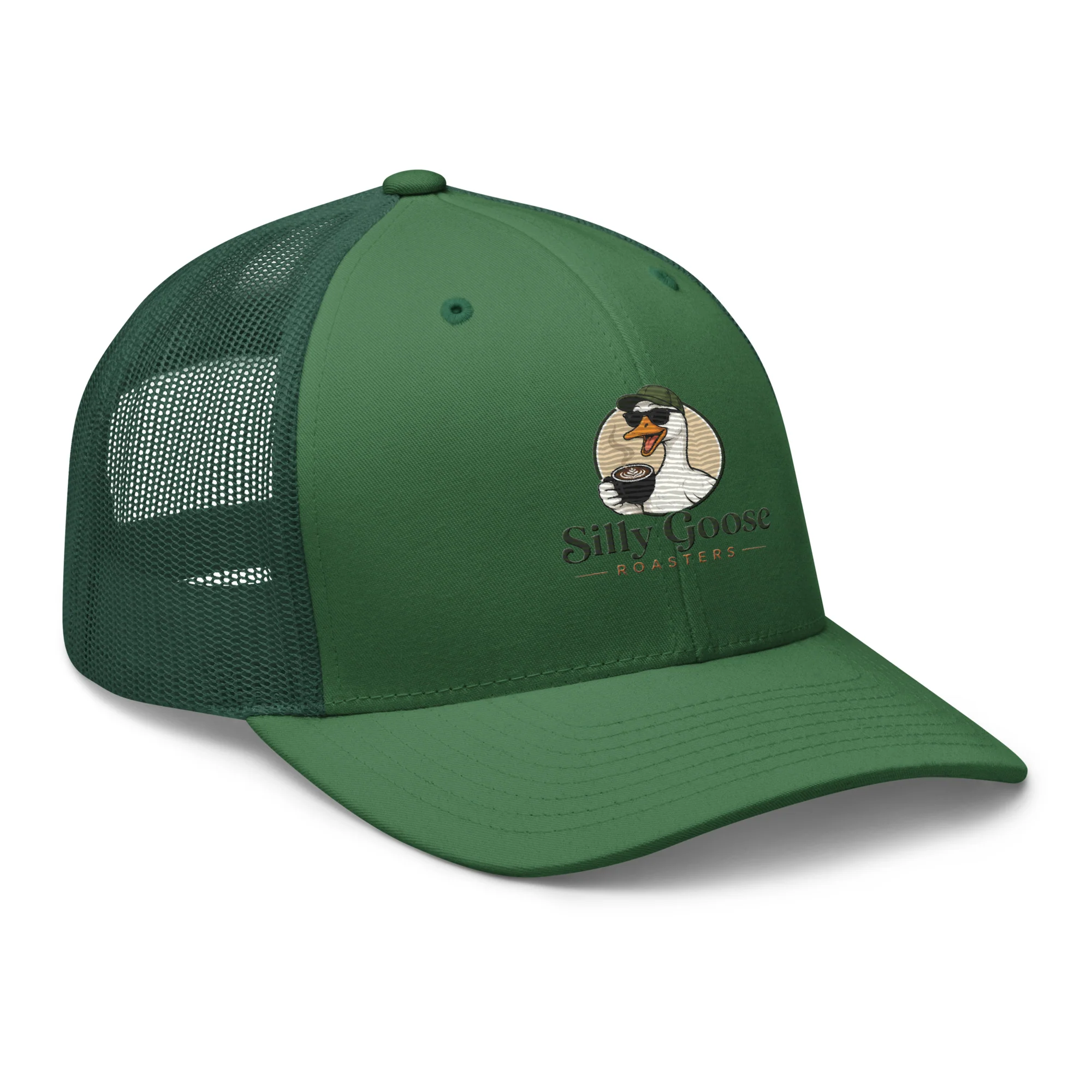 A dark green trucker hat with a mesh back and a circular logo on the front. The logo features a cartoon goose wearing sunglasses and a hat, holding a cup of coffee. Text below the goose reads "Silly Goose - ROASTERS". The hat is displayed on a white background.