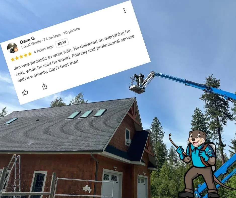 Headwaters Roofing Applying GoNano sealant. This image includes the mascot in the bottom right and review in the upper left.