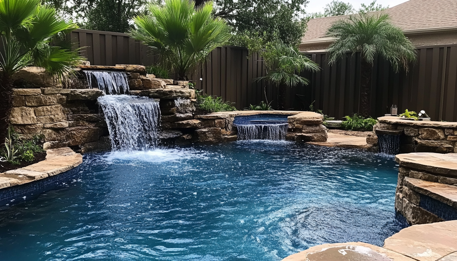 Natural-looking pool with rock waterfall and spa