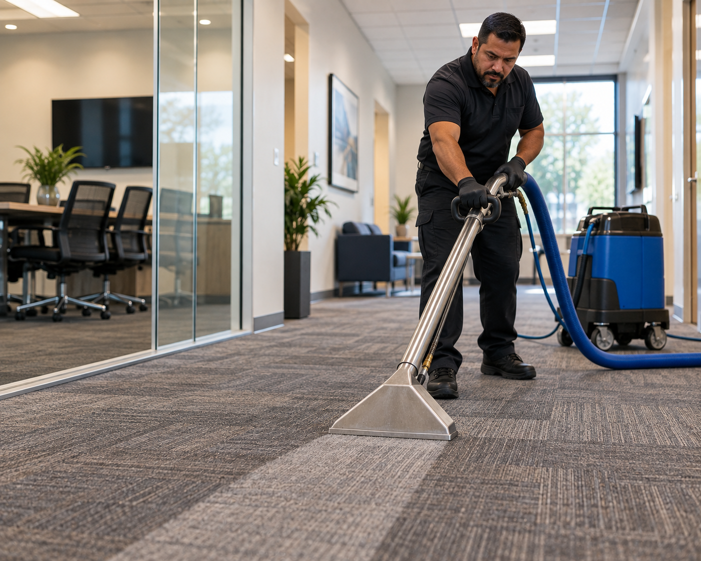 Professional carpet extraction cleaning in a modern Phoenix-area office, with a technician using commercial equipment to deep clean carpeted flooring.