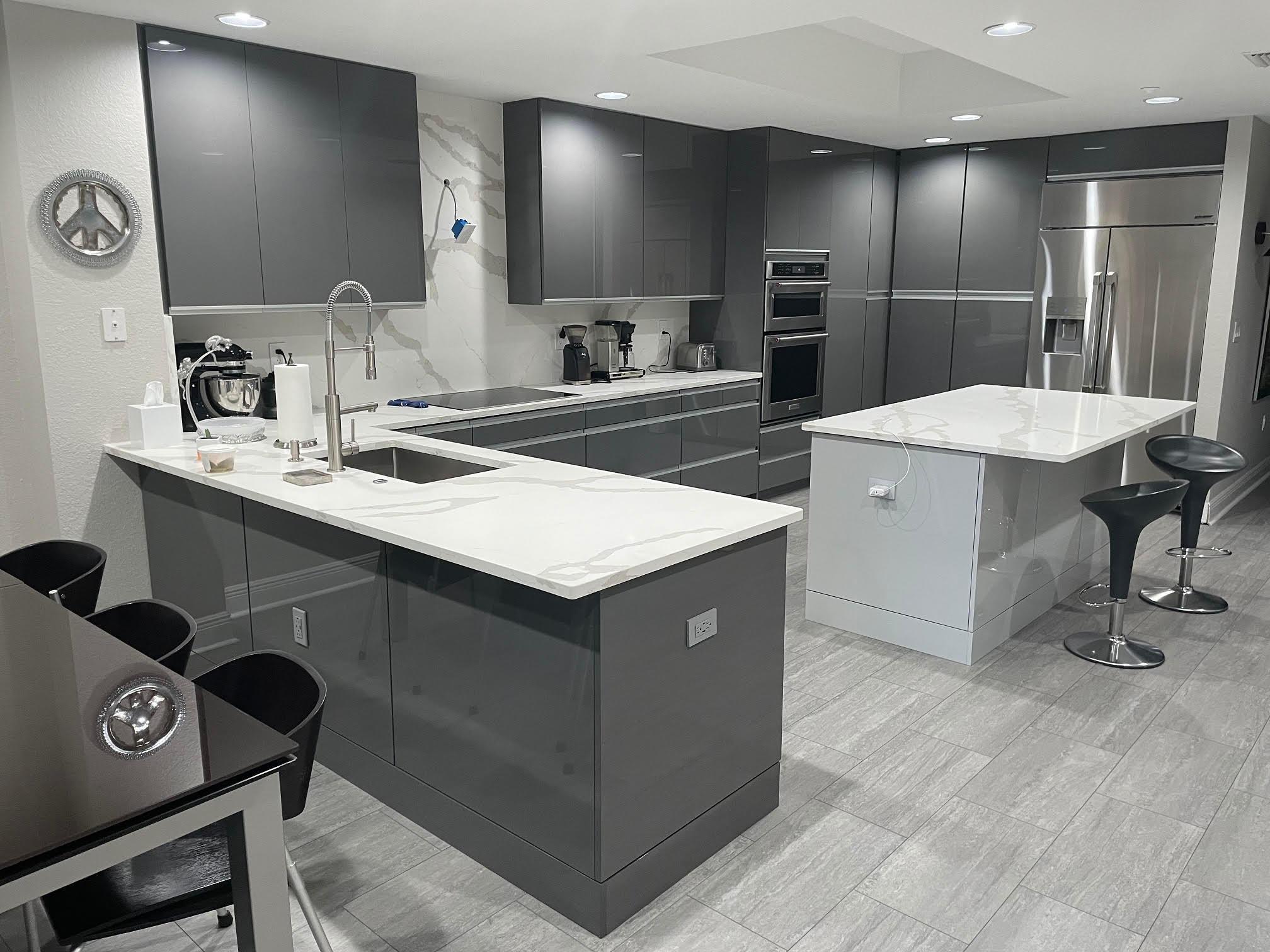 Re-A-Door Beautiful Ultra Modern High Gloss Grey Kitchen Cabinets and Cabinet Refacing in Tampa, Florida