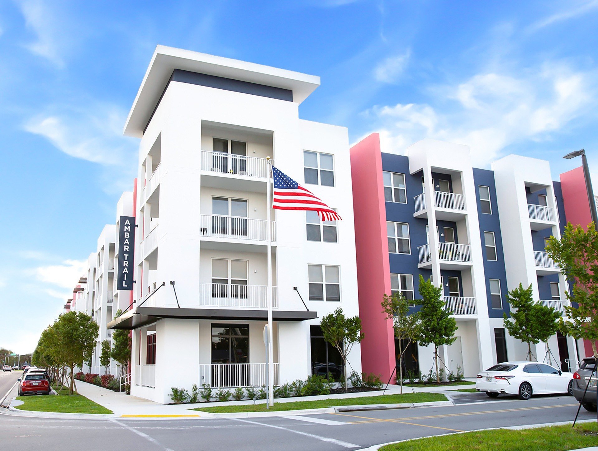 Modern apartment building exterior with balconies