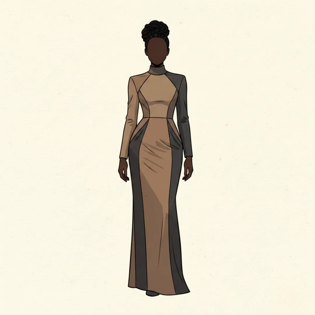 Illustration of a woman wearing a long, form-fitting, two-toned dress. The dress has a high neckline and long sleeves, with panels of light brown and dark grey fabric. The woman's hair is styled in an updo.