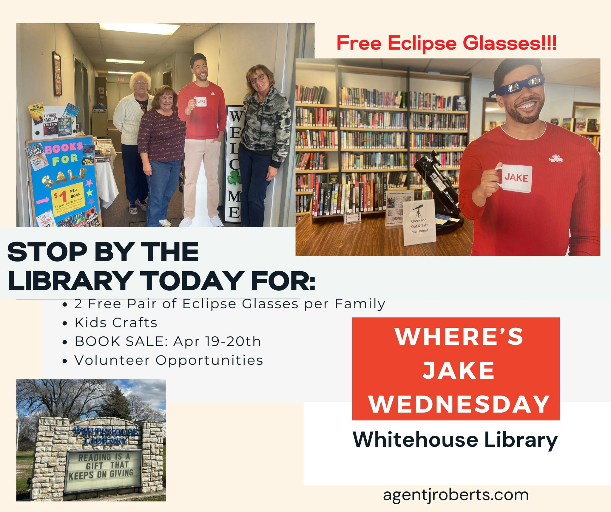 Here in Whitehouse, Jake stopped at the Whitehouse Ohio Library for his FREE solar eclipse glasses. He might come back to check out the telescope and freshen up on his physics before the total eclipse on April 8th! And for bibliomaniacs, a Book Sale is coming on April 19th, 12 p.m. - 6 p.m. and 20th 11 a.m. - 3 p.m. Support our local library!!