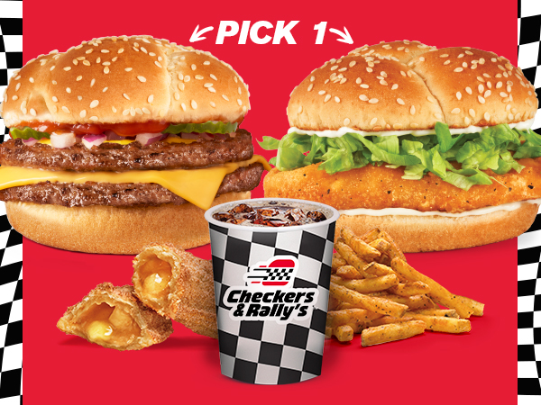Two sandwiches with Pick 1 arrow, apple pie, fries, drink