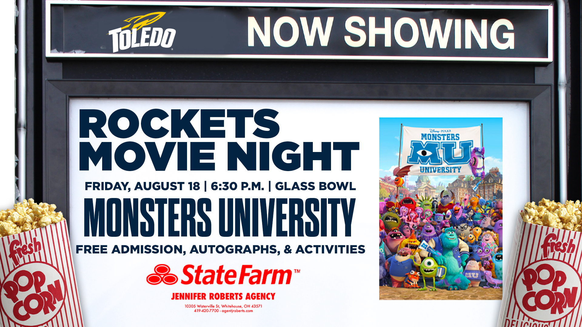 Movie Night at the Glass Bowl is BACK on Friday, August 18, and we are sponsoring! Admission is FREE! Guests must park in Area 10, which is just north of the football stadium. Doors open at 6:30 p.m. for various activities, including bounce houses, movie-themed crafts, and autographs from members of the Toledo football, soccer, and volleyball teams. The movie Monsters University will play on the video board starting at 7:30 p.m. Attendees may bring their own chairs and blankets to sit on the field. Concessions will be available.