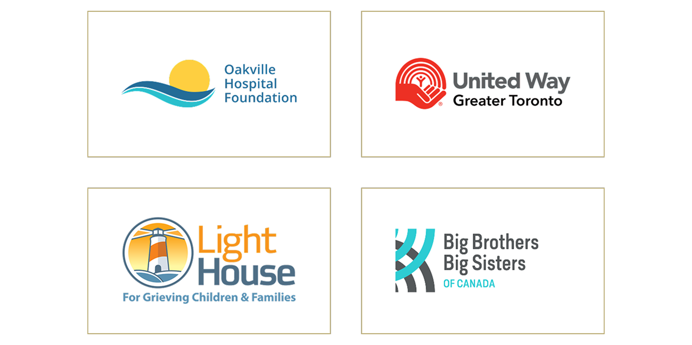 Logos of the Oakville Hospital Foundation, United Way Greater Toronto, Light House for Grieving Children & Families, and Big Brothers Big Sisters of Canada.