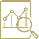 Magnifying glass over graph icon.