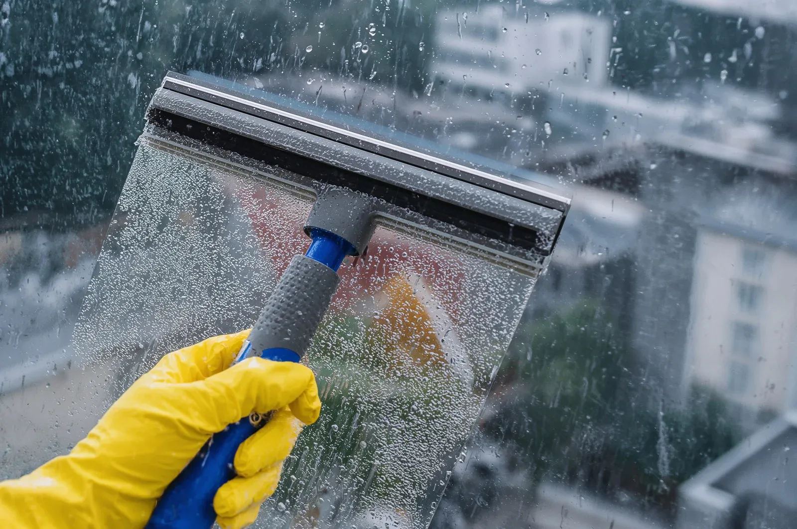 Close-up of a hand wearing a yellow glove using a squeegee to clean a glass window covered with water droplets. The process removes dirt and streaks, improving visibility and leaving the glass surface clear, polished, and spotless.