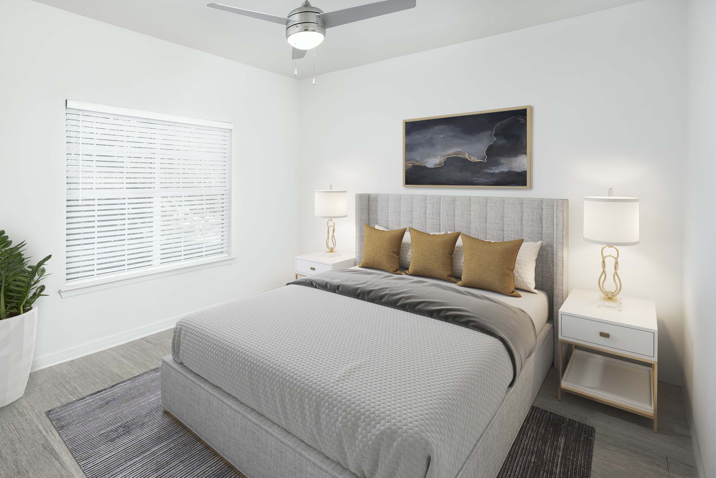 Bedroom with ceiling fan and wood-look flooring at Camden Lee Vista in Orlando, FL