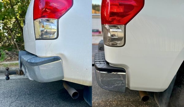 Before-and-after photos show a white pickup truck with a dented rear bumper corner restored to a cle 