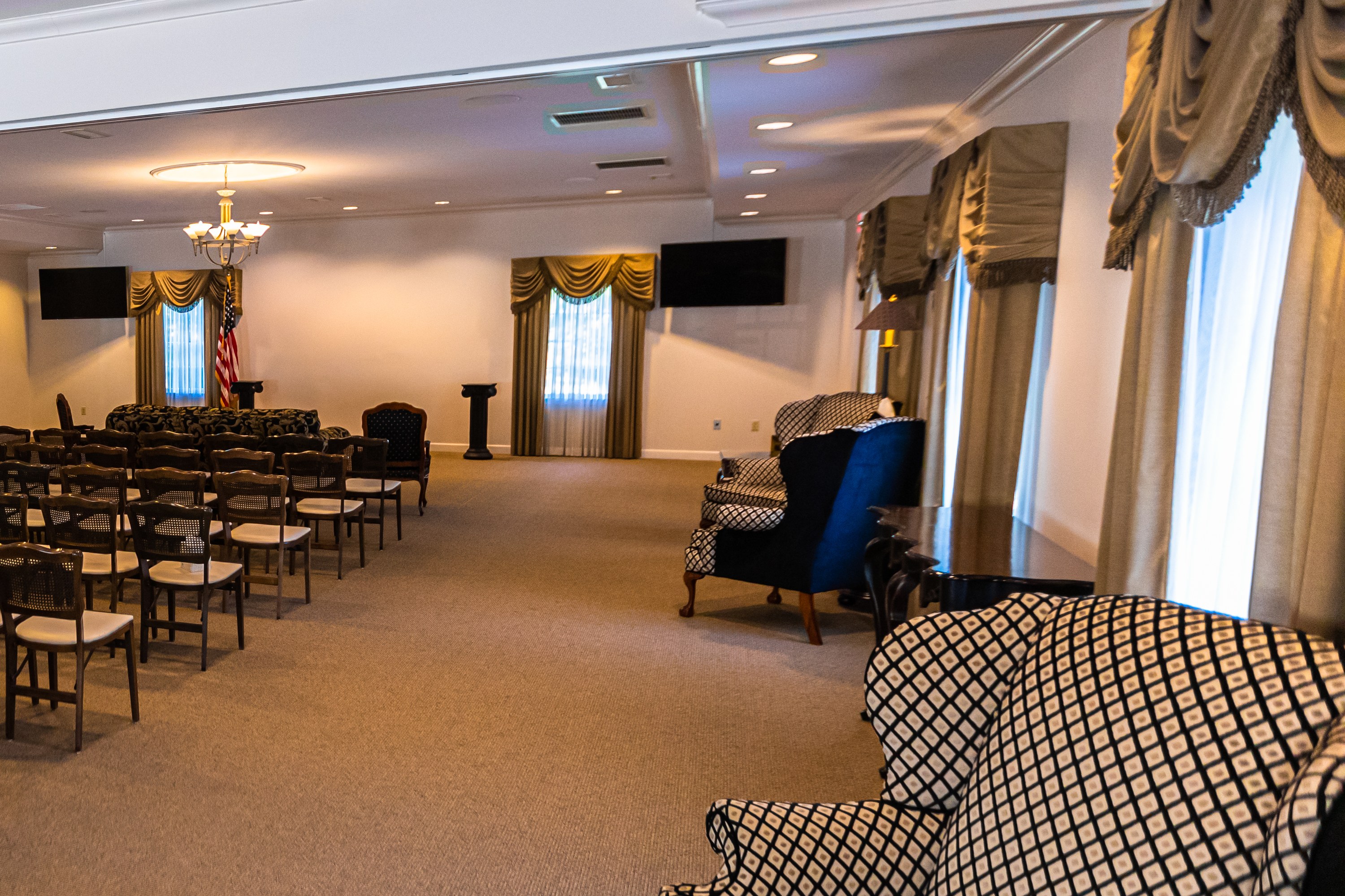 Chapel seating at Sharp's Fenton Chapel, Fenton, Michigan