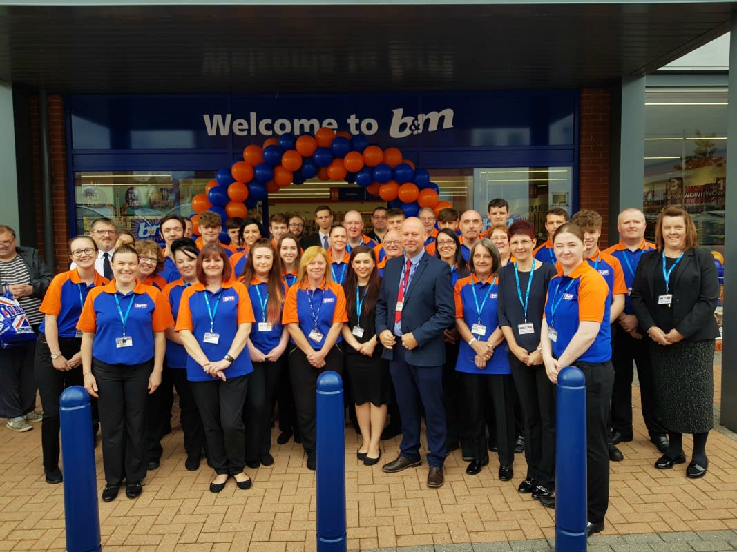 B&M Wrexham's store team pose outside their new home at Central Retail Park.