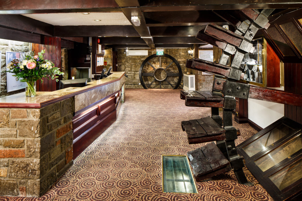 Reception area at Mercure Perth Hotel, water wheel and view of mill stream. Mercure Perth Hotel Perth 01738 481607